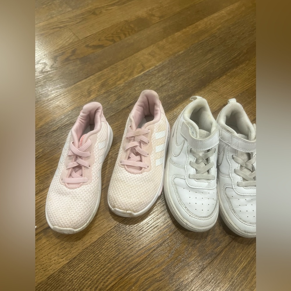 2 pairs of toddler girl sneakers size 10 both, one Nike brand the other is Adida